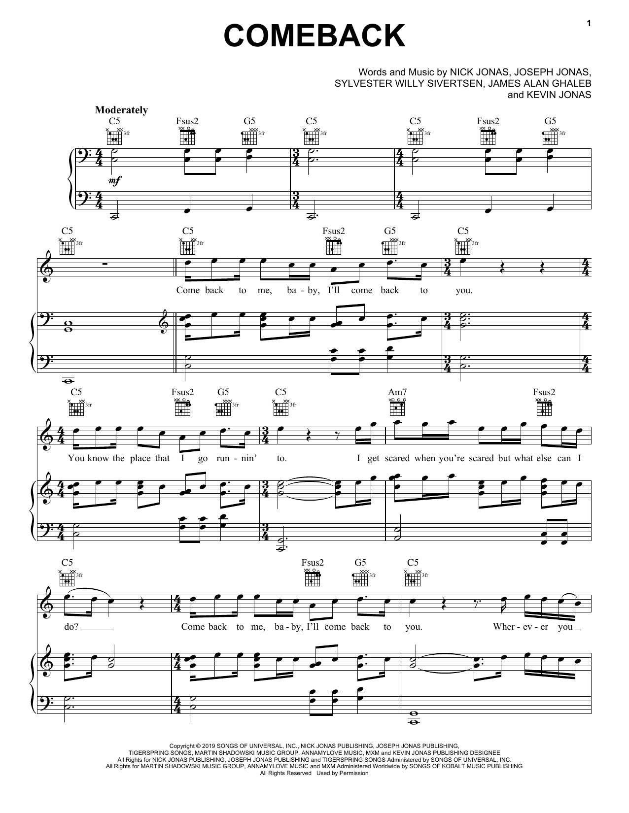 Download Jonas Brothers Comeback Sheet Music and learn how to play Piano, Vocal & Guitar Chords (Right-Hand Melody) PDF digital score in minutes