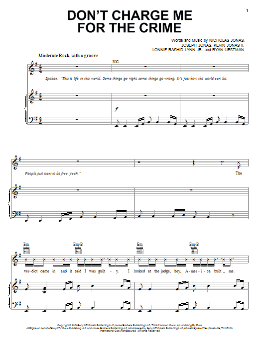 Download Jonas Brothers Don't Charge Me For The Crime Sheet Music and learn how to play Piano, Vocal & Guitar (Right-Hand Melody) PDF digital score in minutes