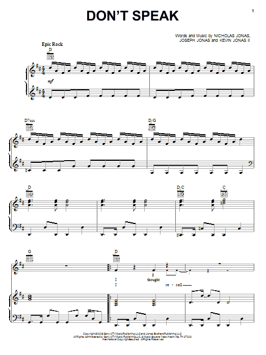 Download Jonas Brothers Don't Speak Sheet Music and learn how to play Piano, Vocal & Guitar (Right-Hand Melody) PDF digital score in minutes