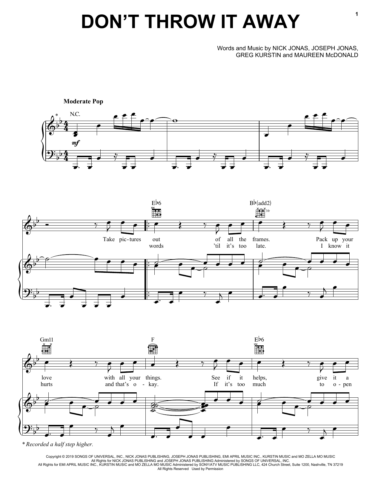 Download Jonas Brothers Don't Throw It Away Sheet Music and learn how to play Piano, Vocal & Guitar Chords (Right-Hand Melody) PDF digital score in minutes