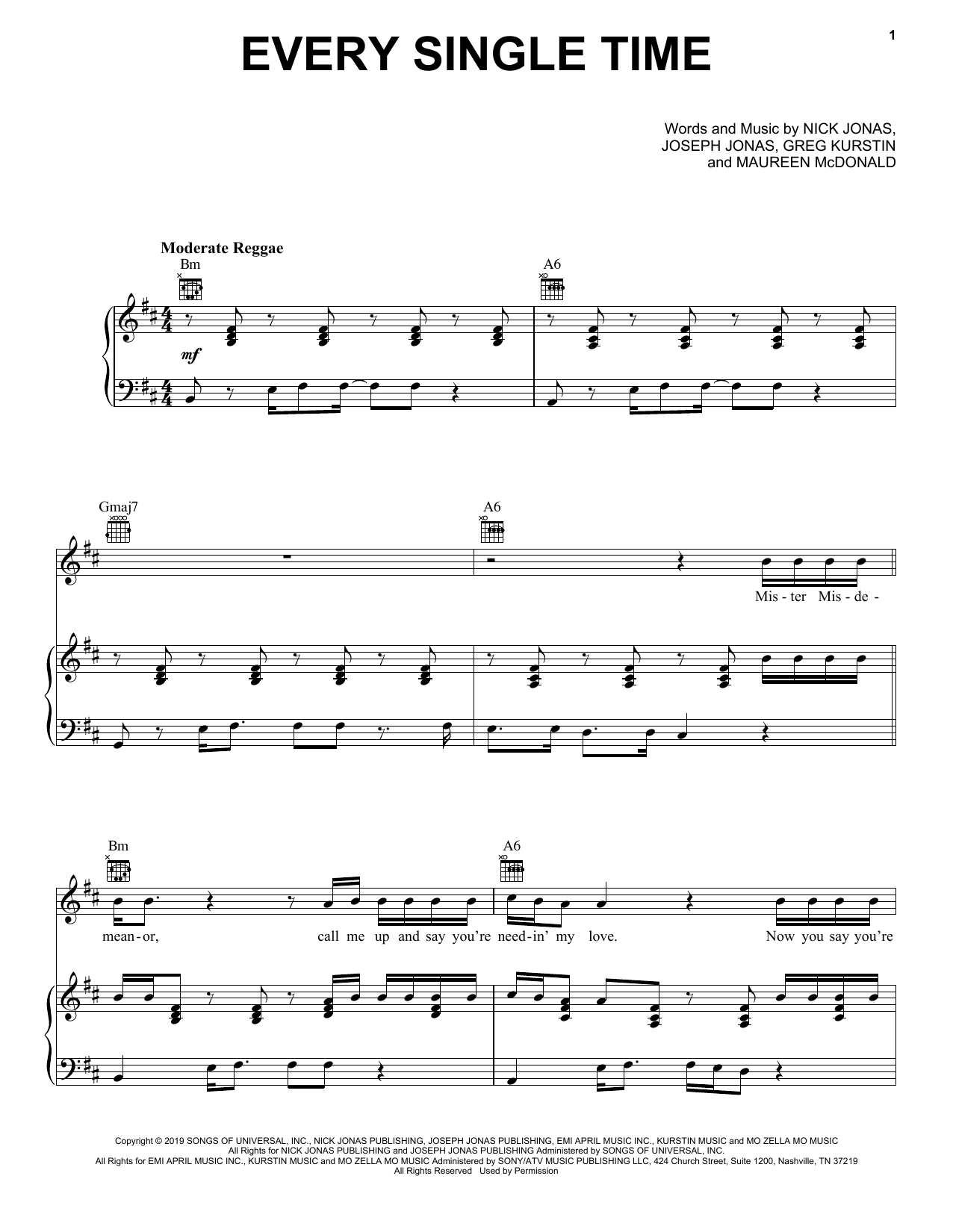 Download Jonas Brothers Every Single Time Sheet Music and learn how to play Piano, Vocal & Guitar Chords (Right-Hand Melody) PDF digital score in minutes