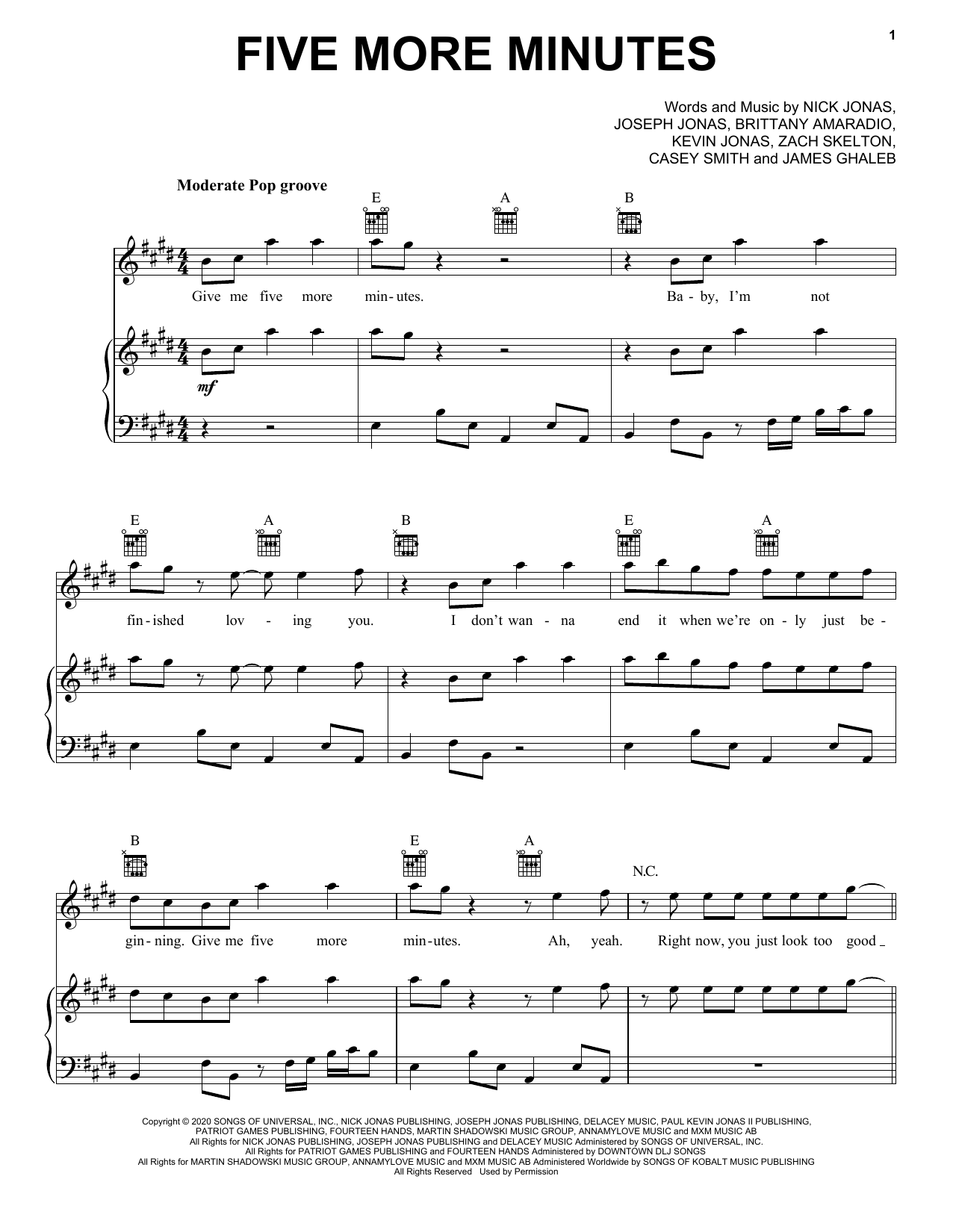 Download Jonas Brothers Five More Minutes Sheet Music and learn how to play Piano, Vocal & Guitar Chords (Right-Hand Melody) PDF digital score in minutes