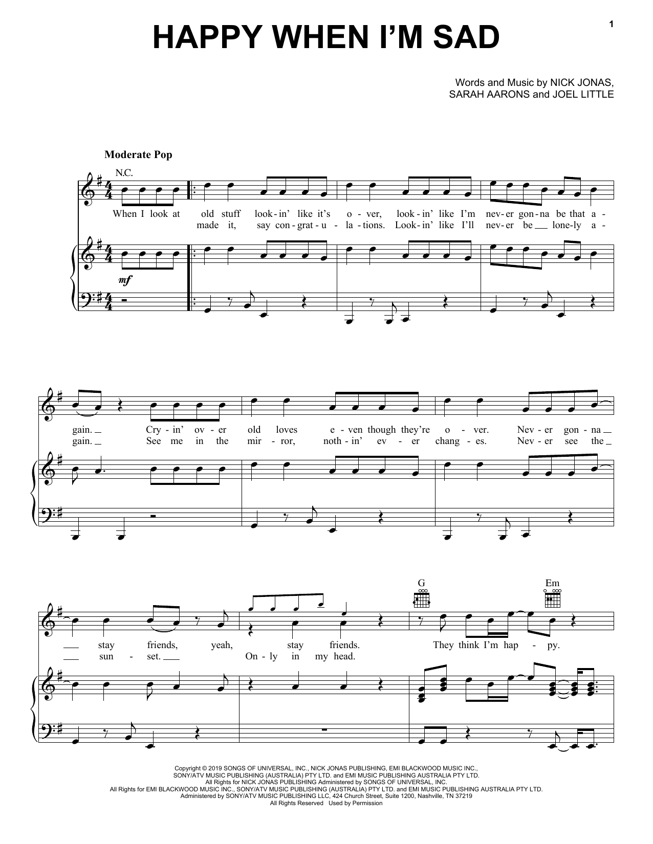 Download Jonas Brothers Happy When I'm Sad Sheet Music and learn how to play Piano, Vocal & Guitar Chords (Right-Hand Melody) PDF digital score in minutes