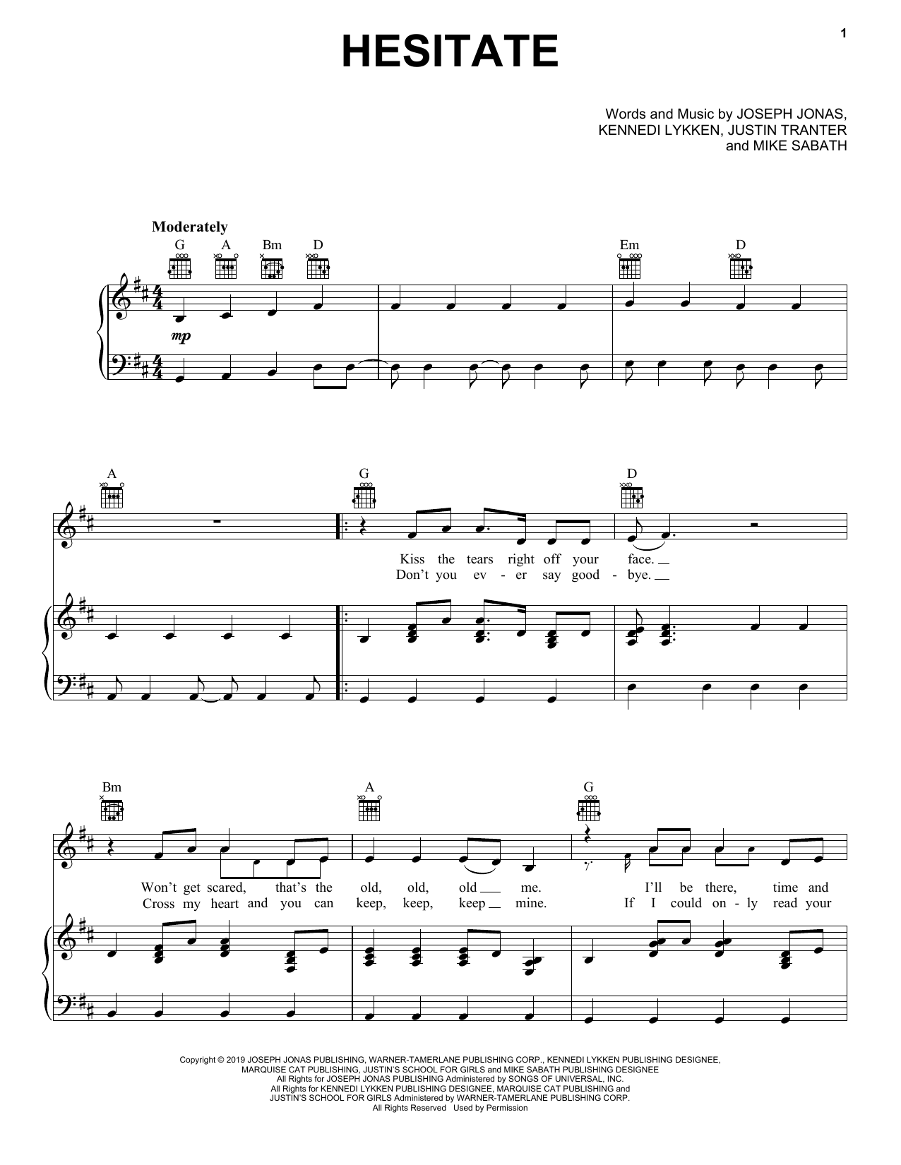 Download Jonas Brothers Hesitate Sheet Music and learn how to play Piano, Vocal & Guitar Chords (Right-Hand Melody) PDF digital score in minutes