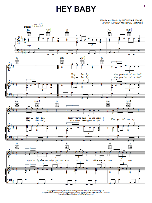 Download Jonas Brothers Hey Baby Sheet Music and learn how to play Piano, Vocal & Guitar (Right-Hand Melody) PDF digital score in minutes