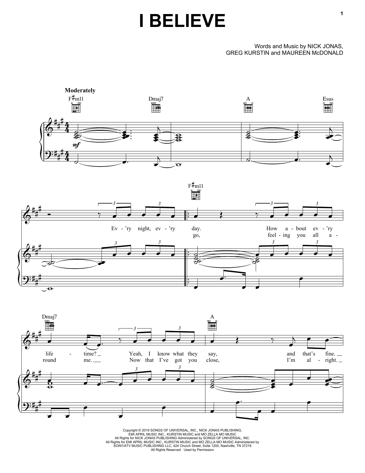 Download Jonas Brothers I Believe Sheet Music and learn how to play Piano, Vocal & Guitar Chords (Right-Hand Melody) PDF digital score in minutes