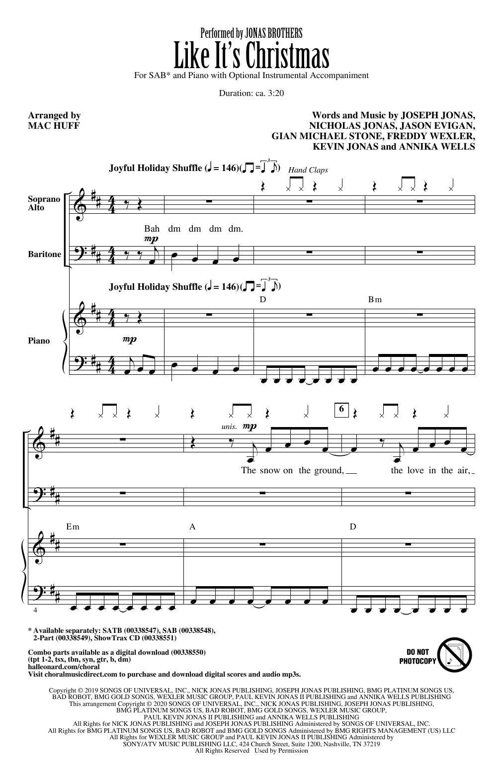 Download Jonas Brothers Like It's Christmas (arr. Mac Huff) Sheet Music and learn how to play SATB Choir PDF digital score in minutes