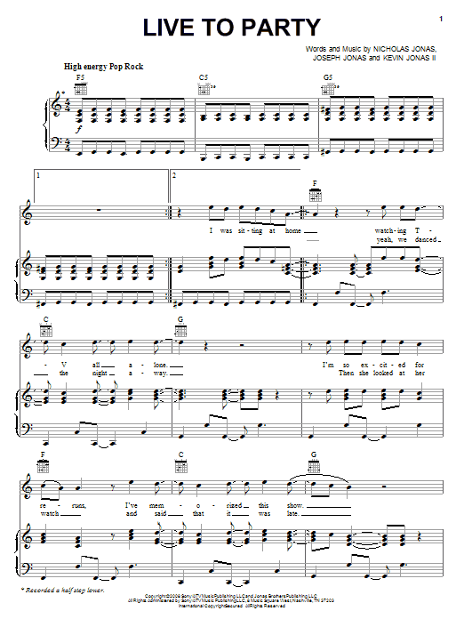 Download Jonas Brothers Live To Party Sheet Music and learn how to play Piano, Vocal & Guitar (Right-Hand Melody) PDF digital score in minutes