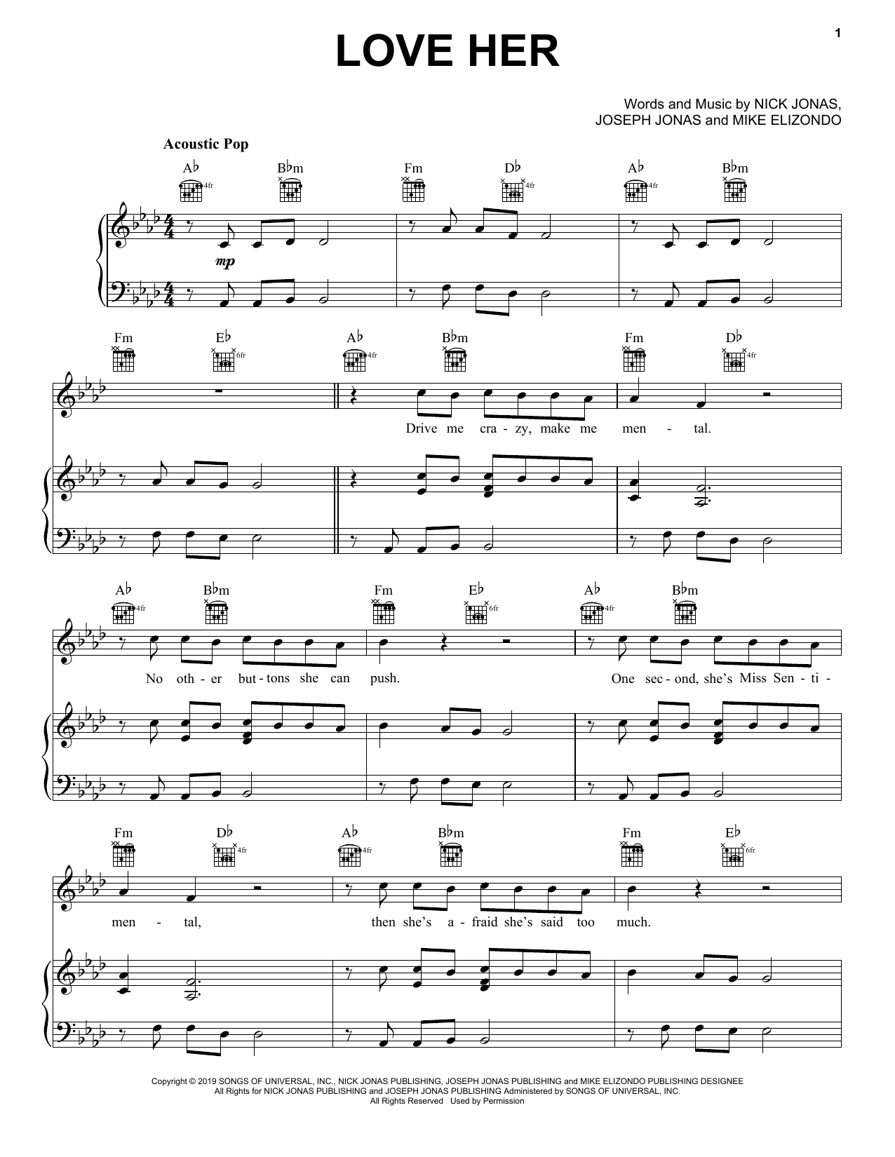 Download Jonas Brothers Love Her Sheet Music and learn how to play Piano, Vocal & Guitar Chords (Right-Hand Melody) PDF digital score in minutes