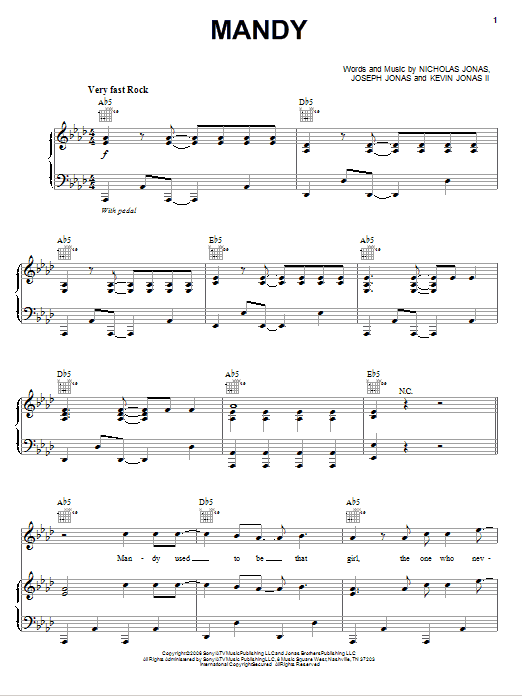 Download Jonas Brothers Mandy Sheet Music and learn how to play Piano, Vocal & Guitar (Right-Hand Melody) PDF digital score in minutes