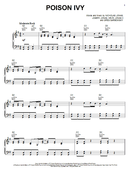 Download Jonas Brothers Poison Ivy Sheet Music and learn how to play Piano, Vocal & Guitar (Right-Hand Melody) PDF digital score in minutes