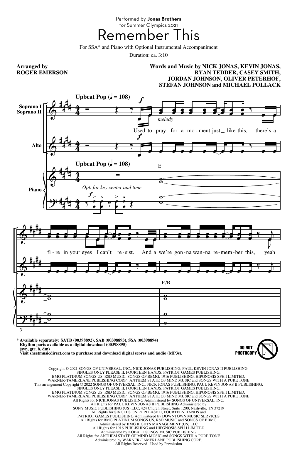 Download Jonas Brothers Remember This (arr. Roger Emerson) Sheet Music and learn how to play SATB Choir PDF digital score in minutes