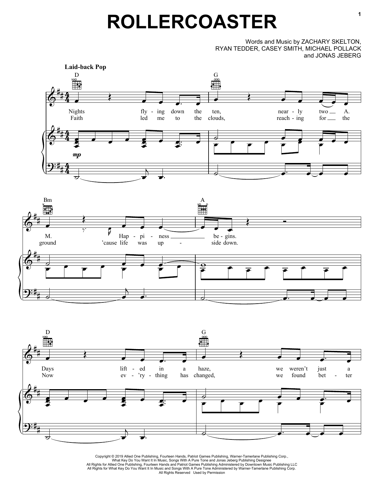 Download Jonas Brothers Rollercoaster Sheet Music and learn how to play Piano, Vocal & Guitar Chords (Right-Hand Melody) PDF digital score in minutes
