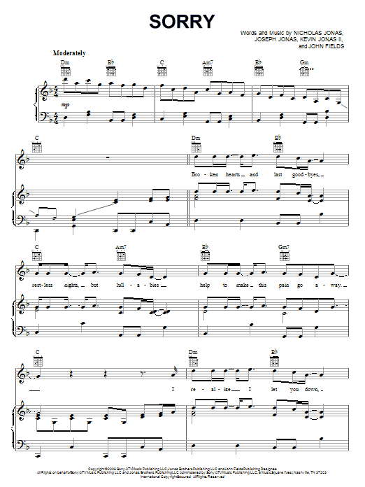 Download Jonas Brothers Sorry Sheet Music and learn how to play Piano, Vocal & Guitar (Right-Hand Melody) PDF digital score in minutes
