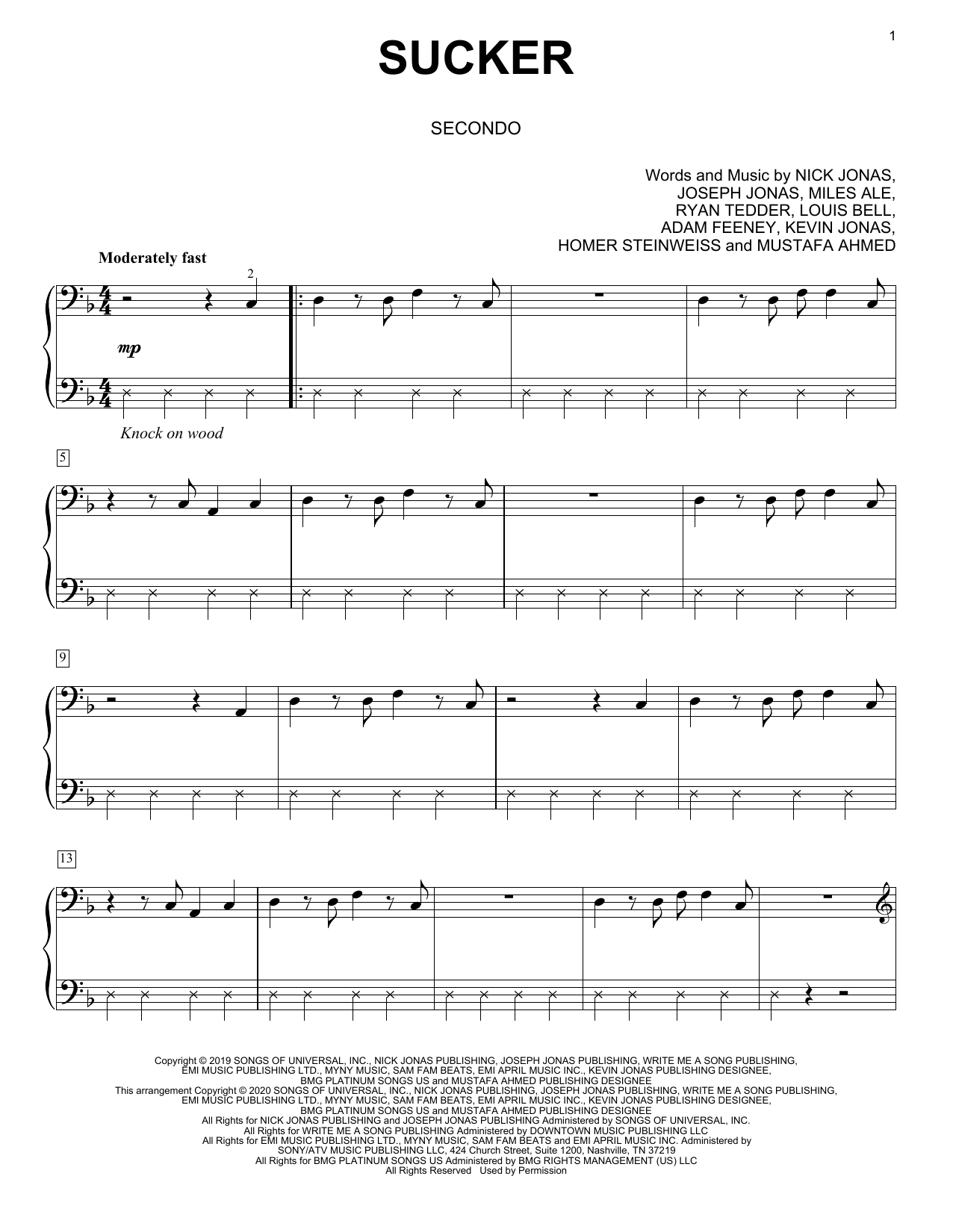 Download Jonas Brothers Sucker (arr. David Pearl) Sheet Music and learn how to play Piano Duet PDF digital score in minutes