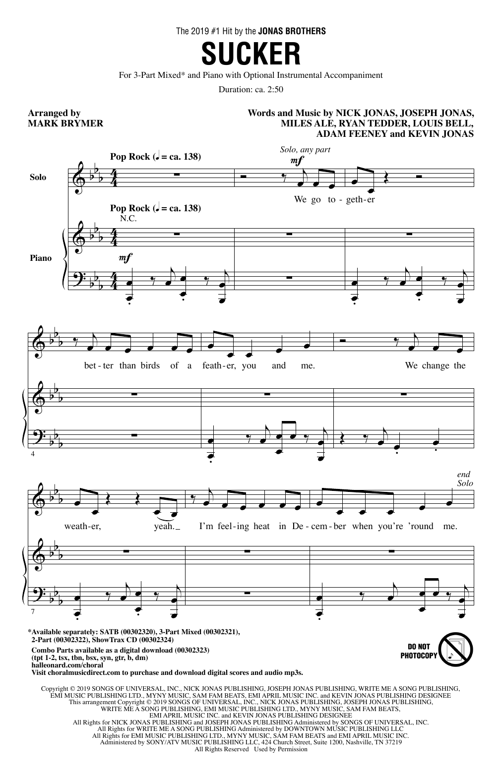 Download Jonas Brothers Sucker (arr. Mark Brymer) Sheet Music and learn how to play 2-Part Choir PDF digital score in minutes