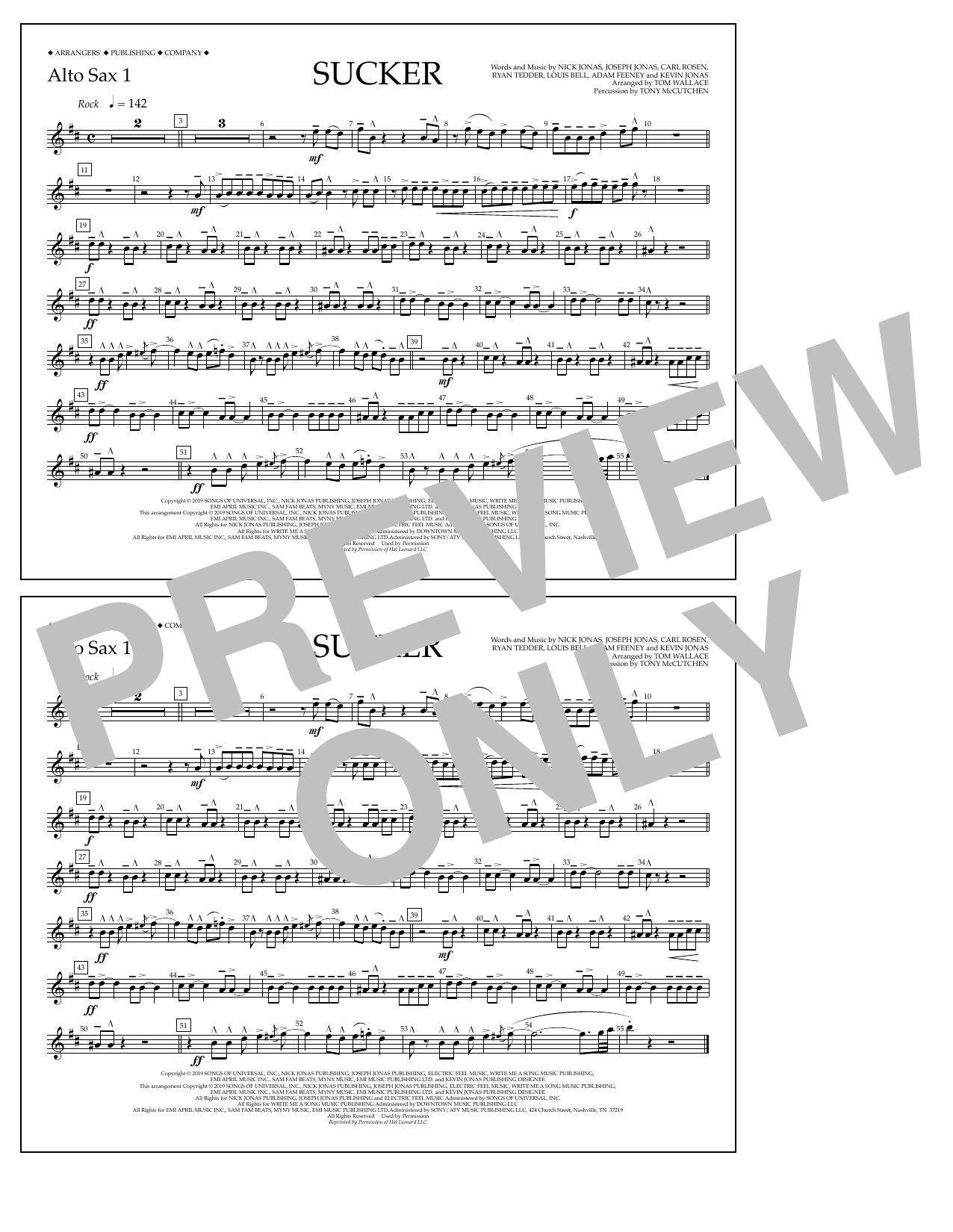 Download Jonas Brothers Sucker (arr. Tom Wallace) - Alto Sax 1 Sheet Music and learn how to play Marching Band PDF digital score in minutes