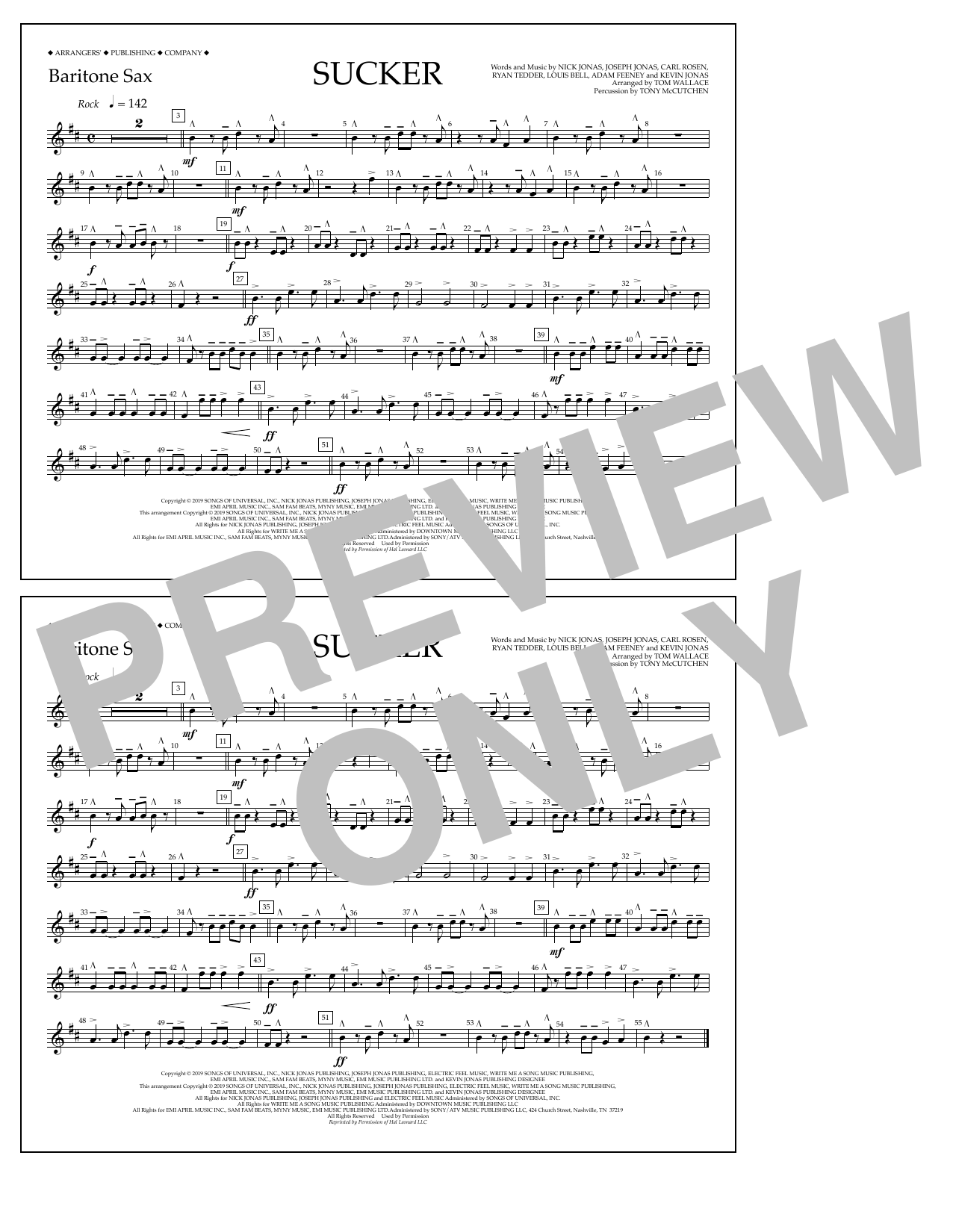Download Jonas Brothers Sucker (arr. Tom Wallace) - Baritone Sax Sheet Music and learn how to play Marching Band PDF digital score in minutes