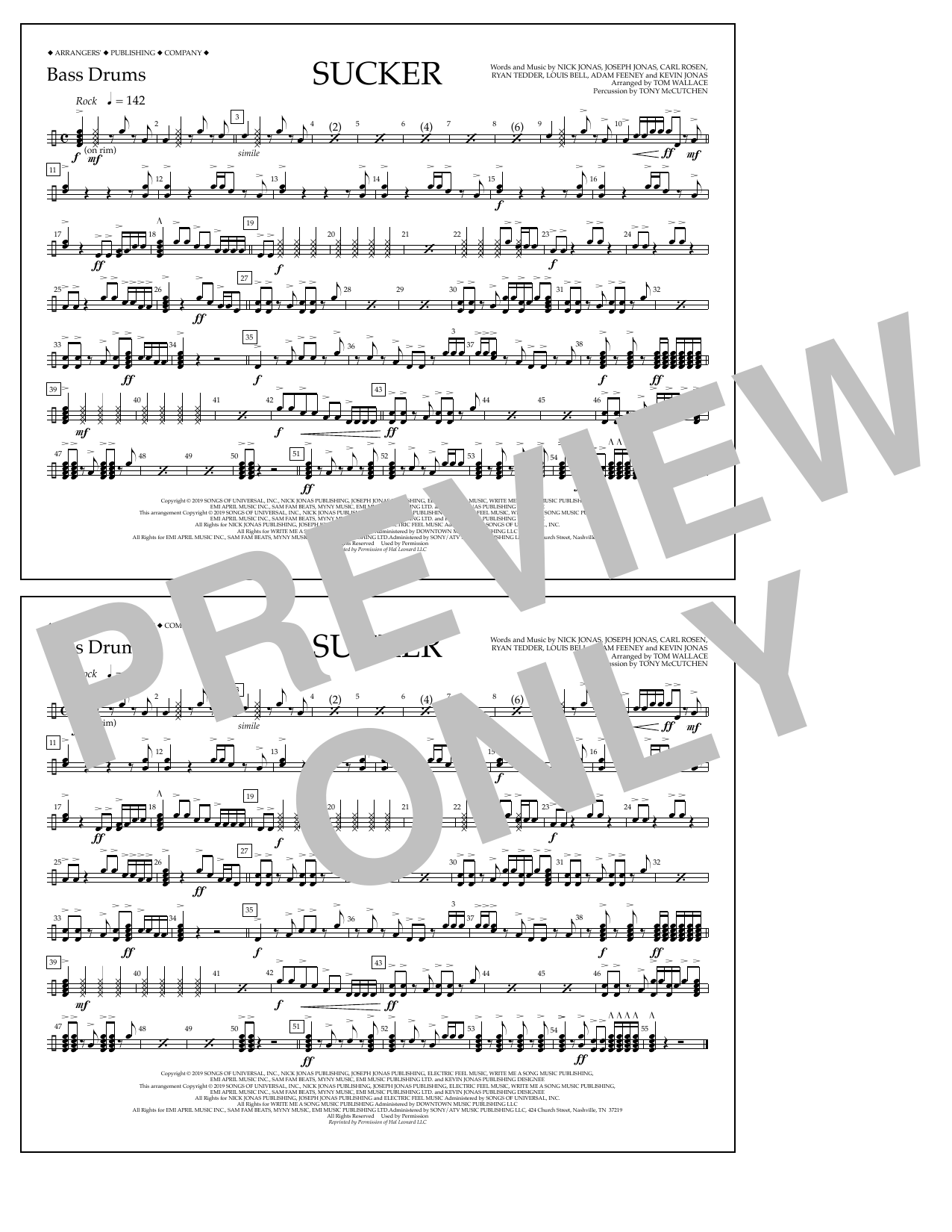 Download Jonas Brothers Sucker (arr. Tom Wallace) - Bass Drums Sheet Music and learn how to play Marching Band PDF digital score in minutes