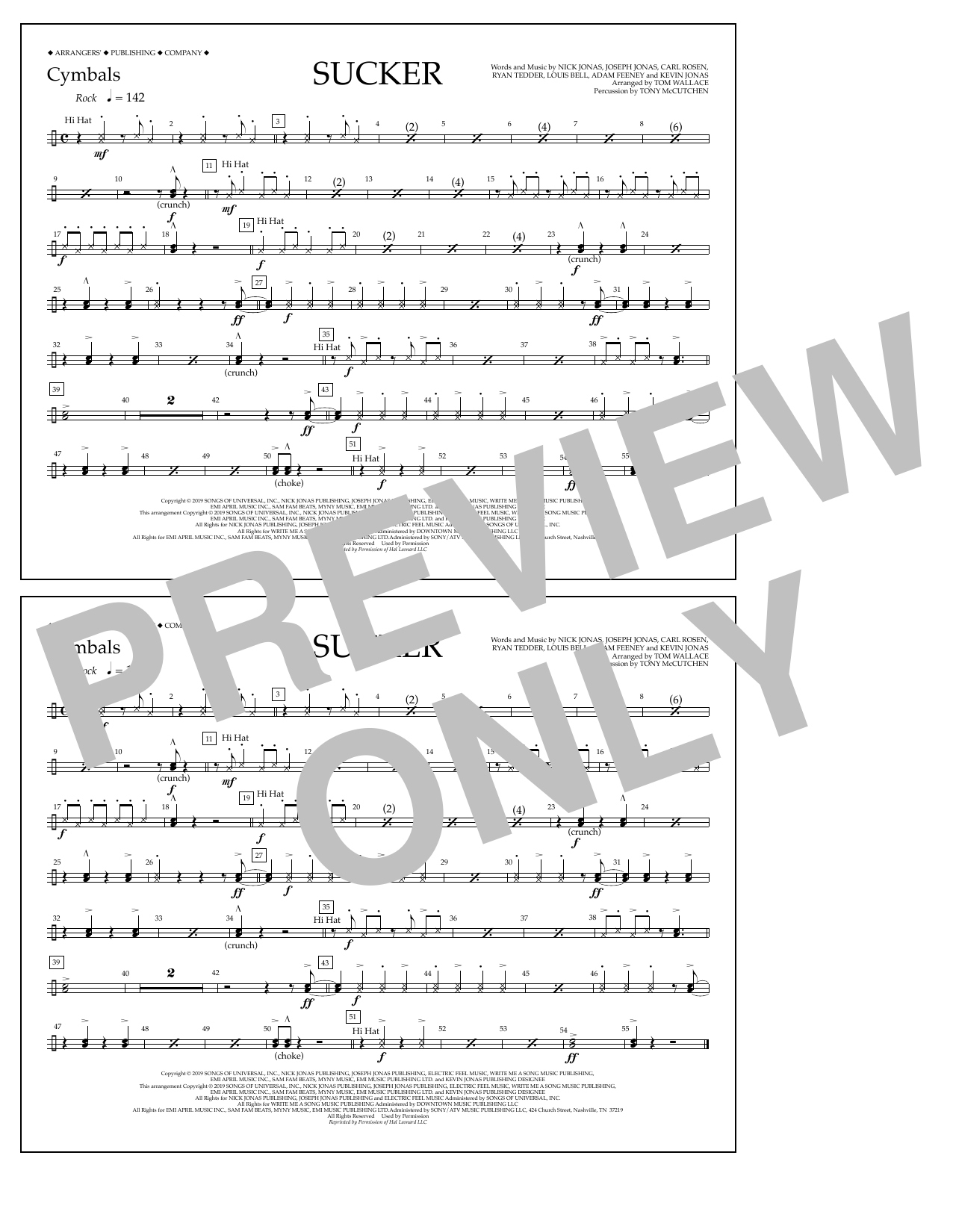 Download Jonas Brothers Sucker (arr. Tom Wallace) - Cymbals Sheet Music and learn how to play Marching Band PDF digital score in minutes