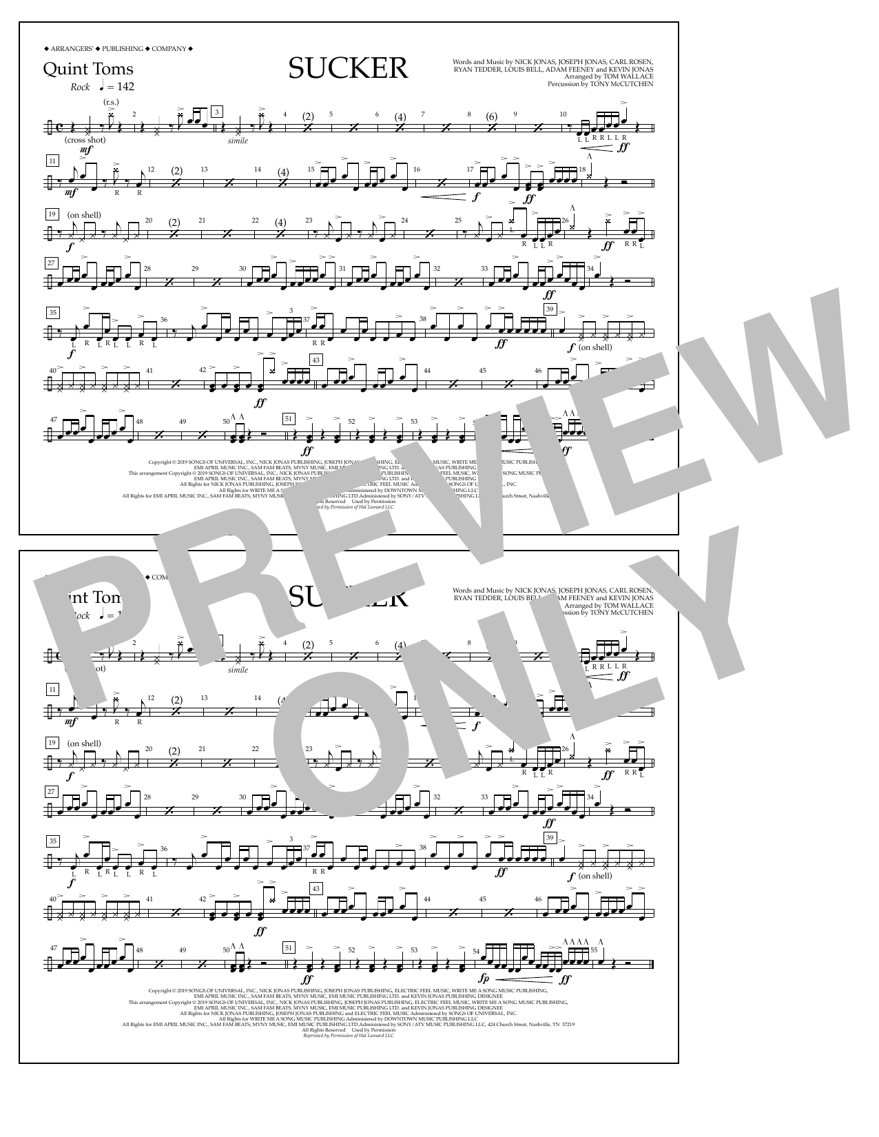 Download Jonas Brothers Sucker (arr. Tom Wallace) - Quint-Toms Sheet Music and learn how to play Marching Band PDF digital score in minutes