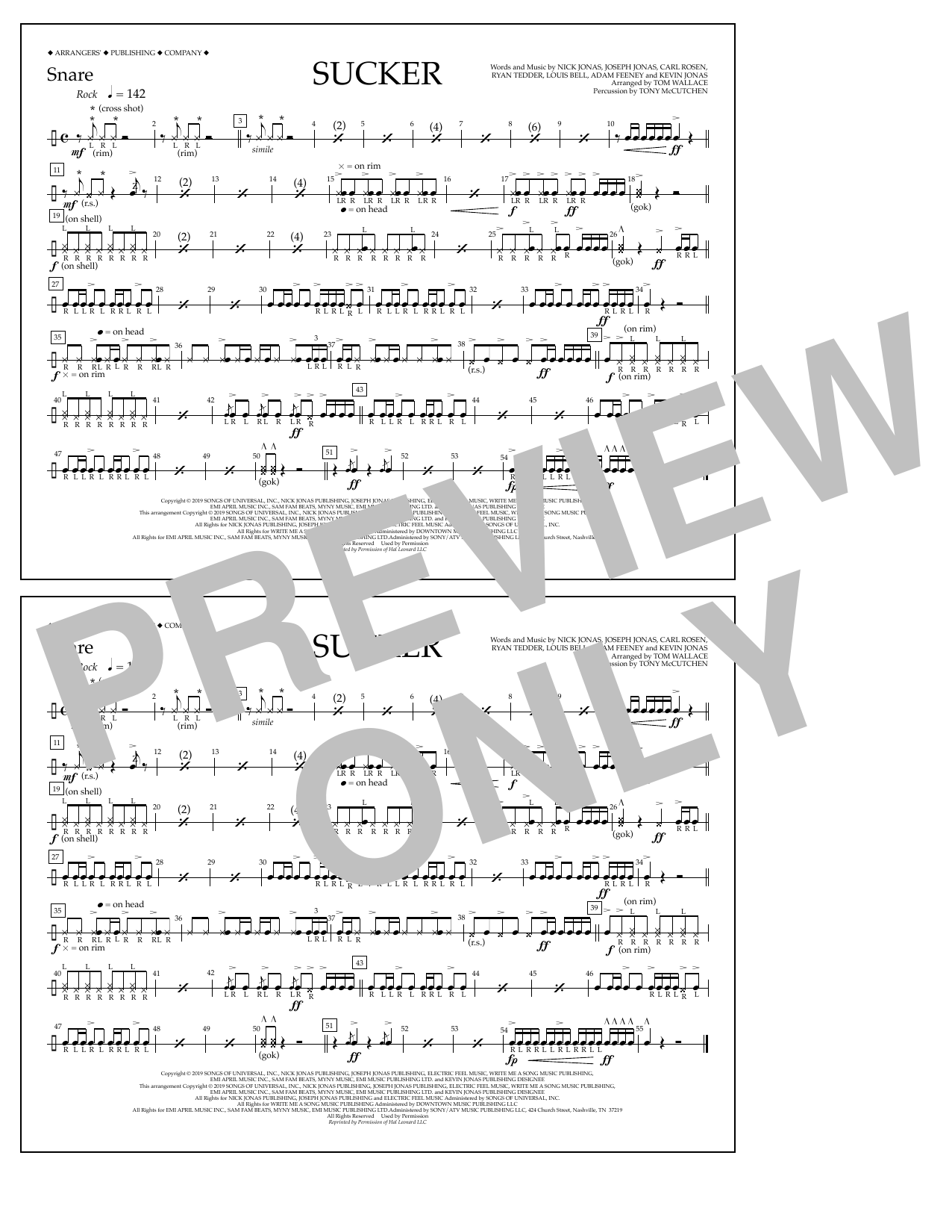 Download Jonas Brothers Sucker (arr. Tom Wallace) - Snare Sheet Music and learn how to play Marching Band PDF digital score in minutes