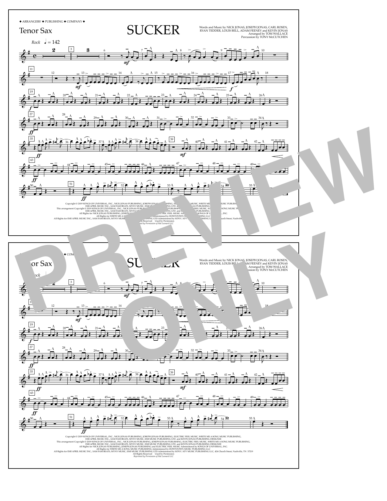 Download Jonas Brothers Sucker (arr. Tom Wallace) - Tenor Sax Sheet Music and learn how to play Marching Band PDF digital score in minutes