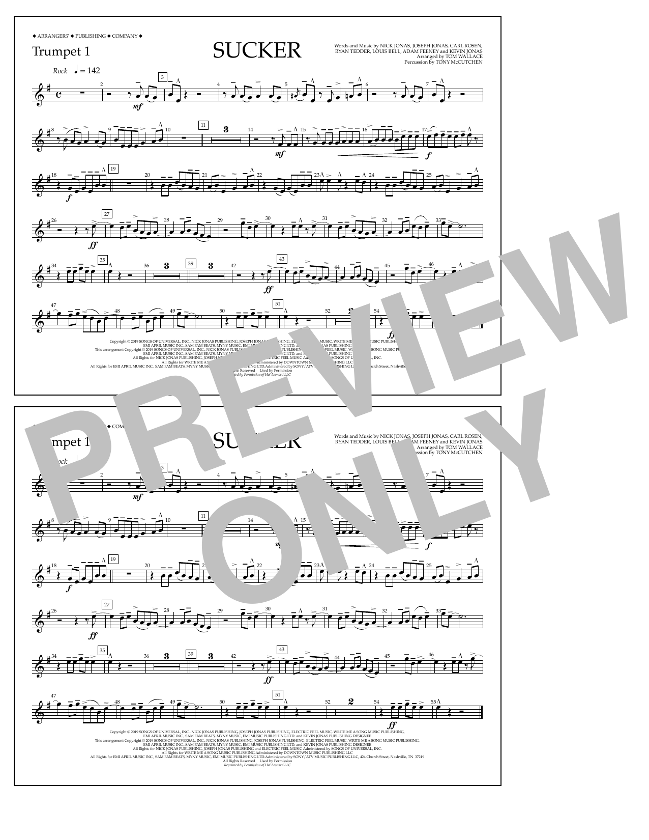 Download Jonas Brothers Sucker (arr. Tom Wallace) - Trumpet 1 Sheet Music and learn how to play Marching Band PDF digital score in minutes