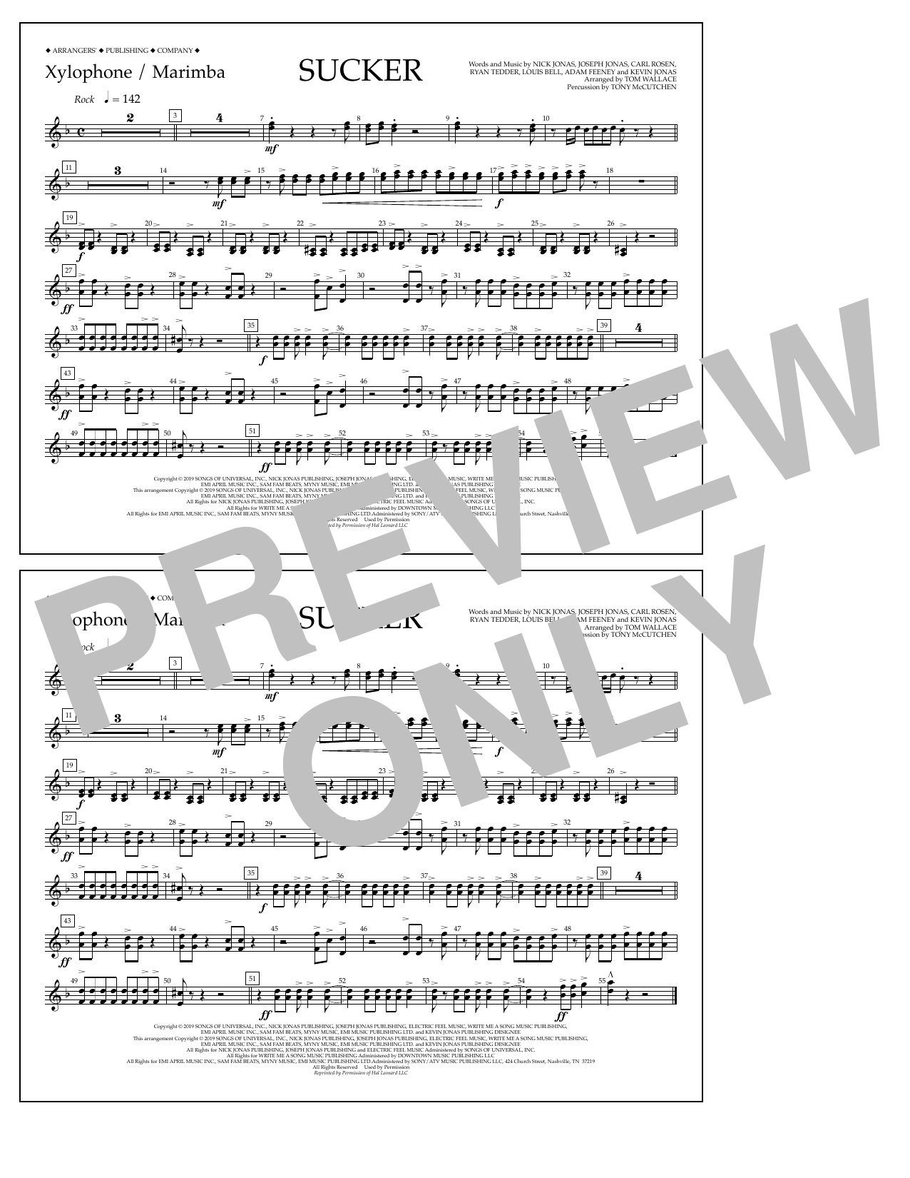 Download Jonas Brothers Sucker (arr. Tom Wallace) - Xylophone/Marimba Sheet Music and learn how to play Marching Band PDF digital score in minutes