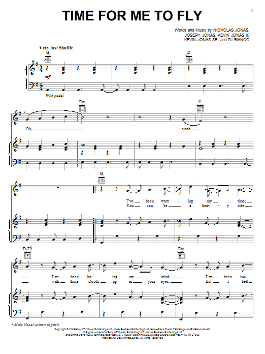 Download Jonas Brothers Time For Me To Fly Sheet Music and learn how to play Piano, Vocal & Guitar (Right-Hand Melody) PDF digital score in minutes
