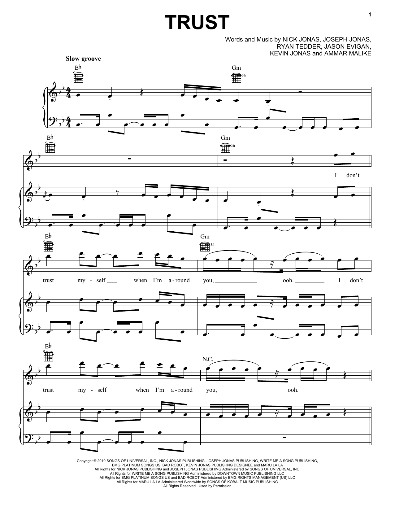 Download Jonas Brothers Trust Sheet Music and learn how to play Piano, Vocal & Guitar Chords (Right-Hand Melody) PDF digital score in minutes
