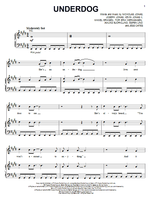 Download Jonas Brothers Underdog Sheet Music and learn how to play Piano, Vocal & Guitar (Right-Hand Melody) PDF digital score in minutes