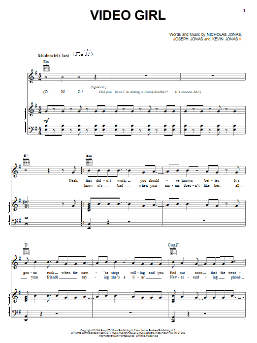 Download Jonas Brothers Video Girl Sheet Music and learn how to play Piano, Vocal & Guitar (Right-Hand Melody) PDF digital score in minutes