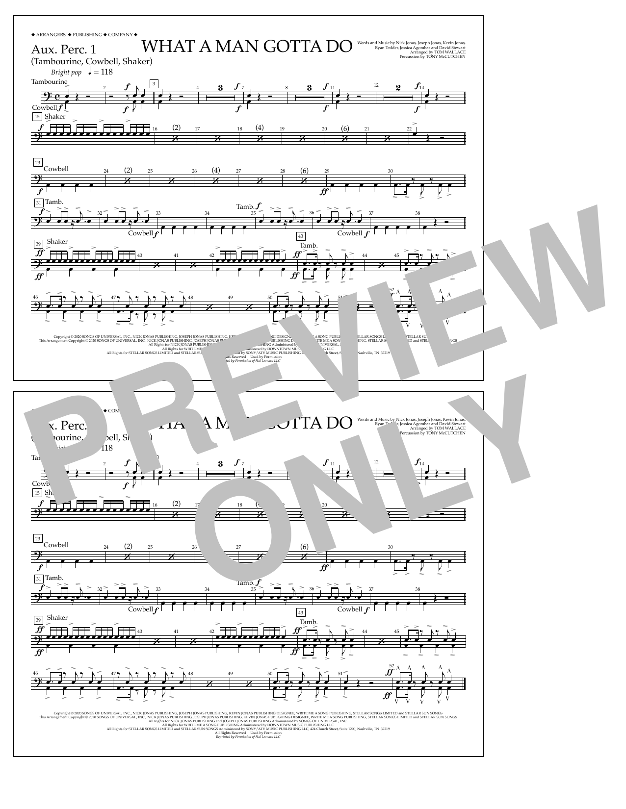 Download Jonas Brothers What a Man Gotta Do (arr. Tom Wallace) - Aux. Perc. 1 Sheet Music and learn how to play Marching Band PDF digital score in minutes