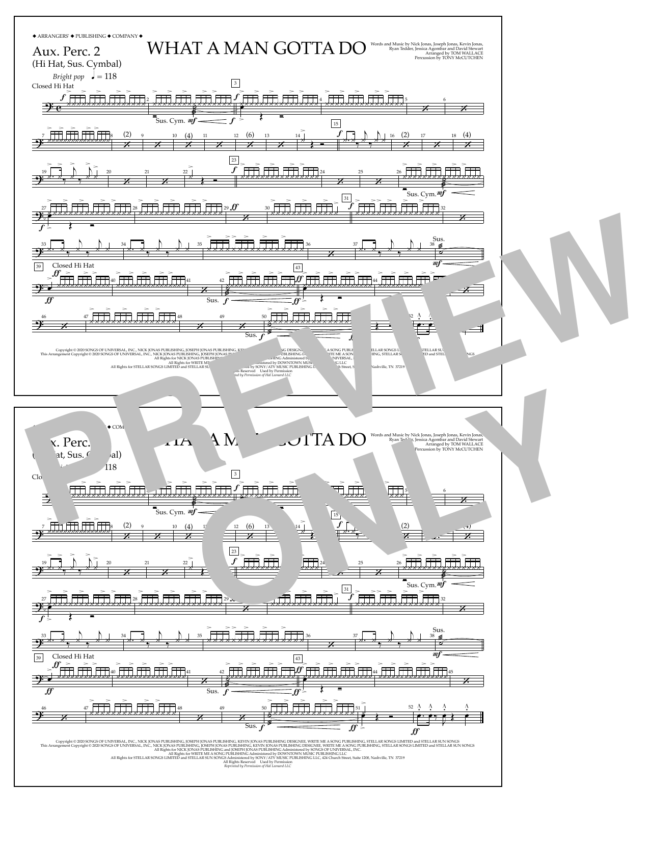 Download Jonas Brothers What a Man Gotta Do (arr. Tom Wallace) - Aux. Perc. 2 Sheet Music and learn how to play Marching Band PDF digital score in minutes