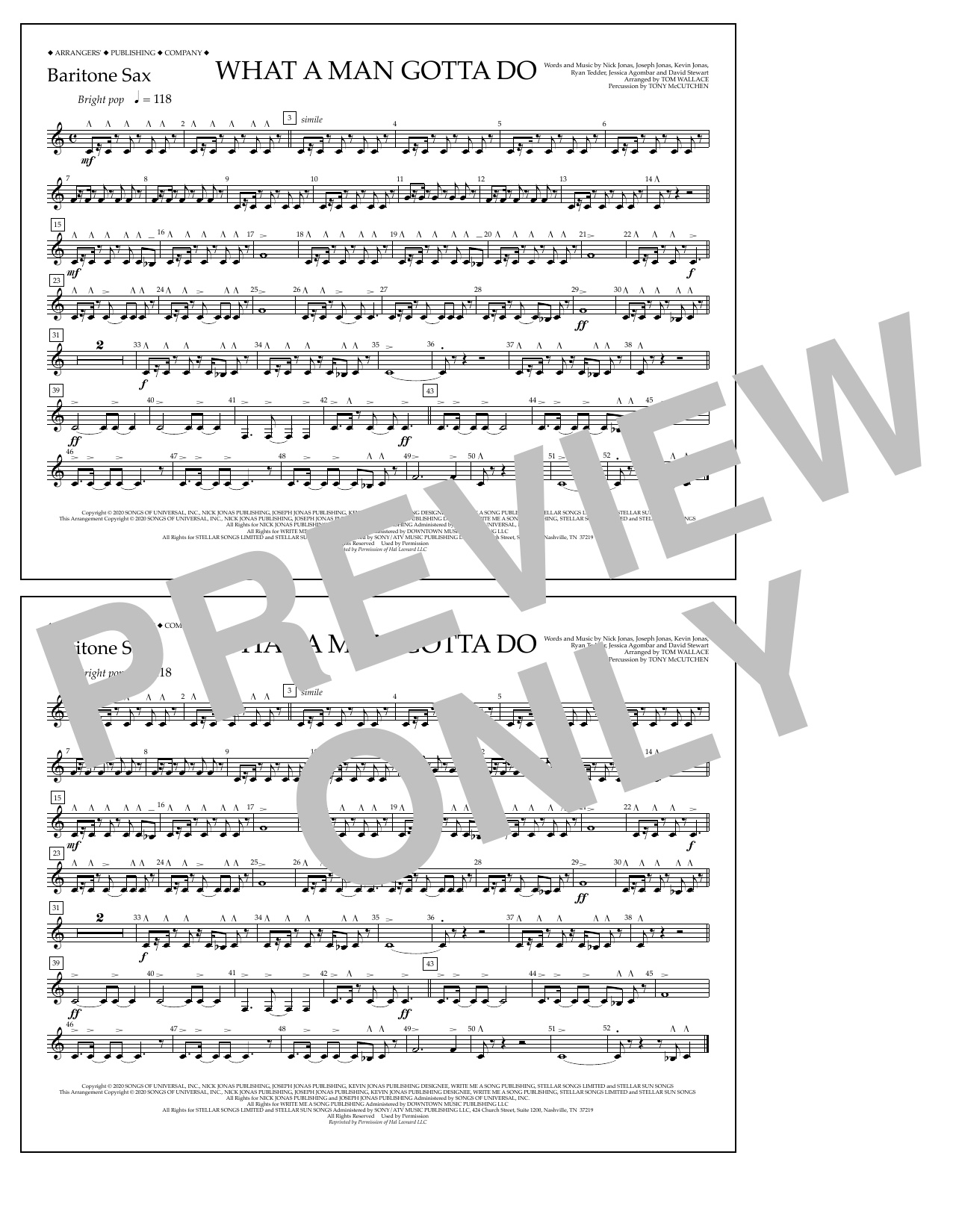 Download Jonas Brothers What a Man Gotta Do (arr. Tom Wallace) - Baritone Sax Sheet Music and learn how to play Marching Band PDF digital score in minutes