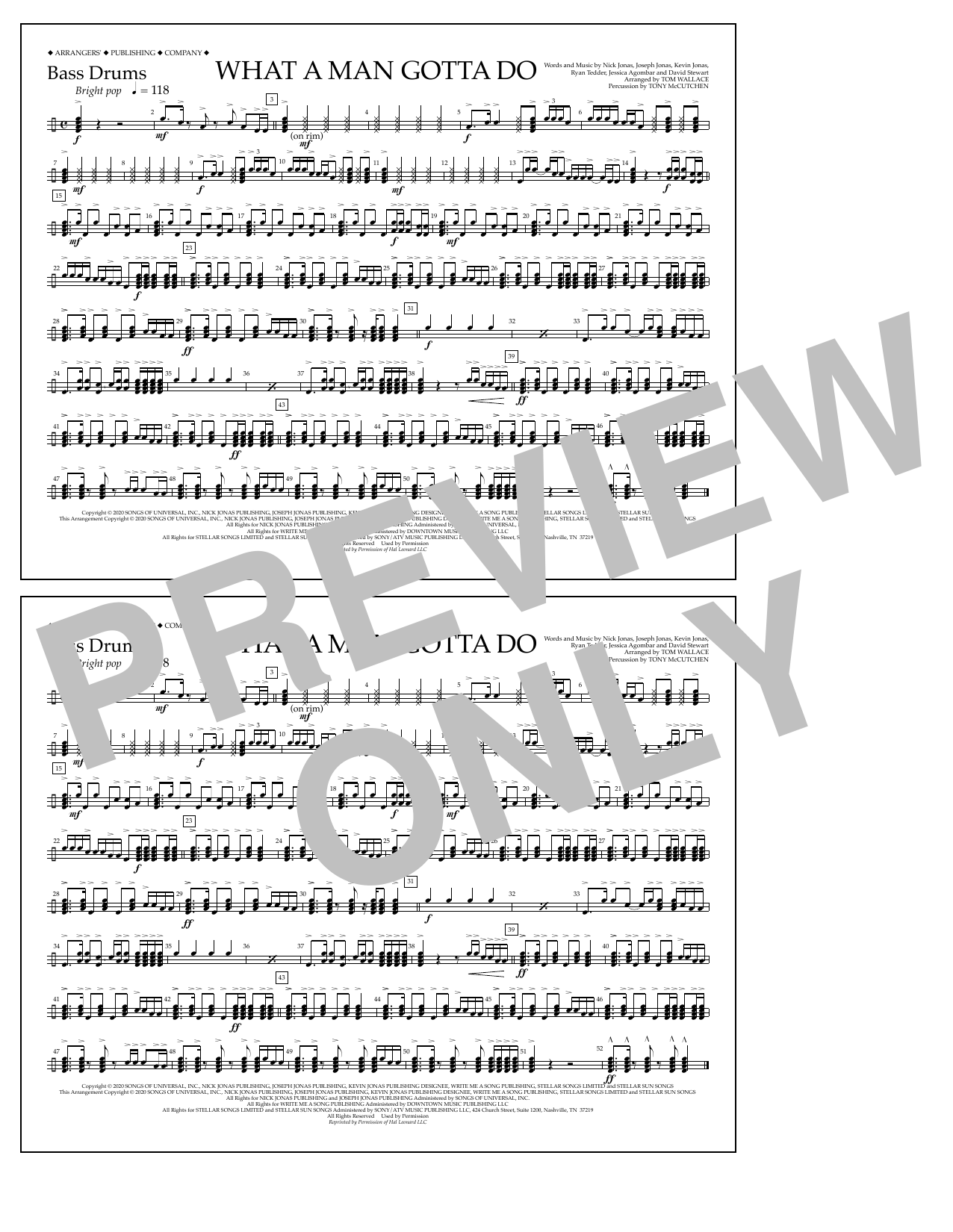 Download Jonas Brothers What a Man Gotta Do (arr. Tom Wallace) - Bass Drums Sheet Music and learn how to play Marching Band PDF digital score in minutes
