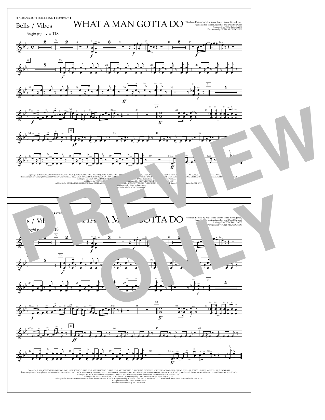 Download Jonas Brothers What a Man Gotta Do (arr. Tom Wallace) - Bells/Vibes Sheet Music and learn how to play Marching Band PDF digital score in minutes