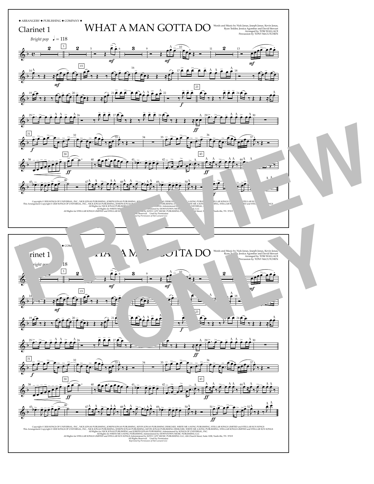 Download Jonas Brothers What a Man Gotta Do (arr. Tom Wallace) - Clarinet 1 Sheet Music and learn how to play Marching Band PDF digital score in minutes