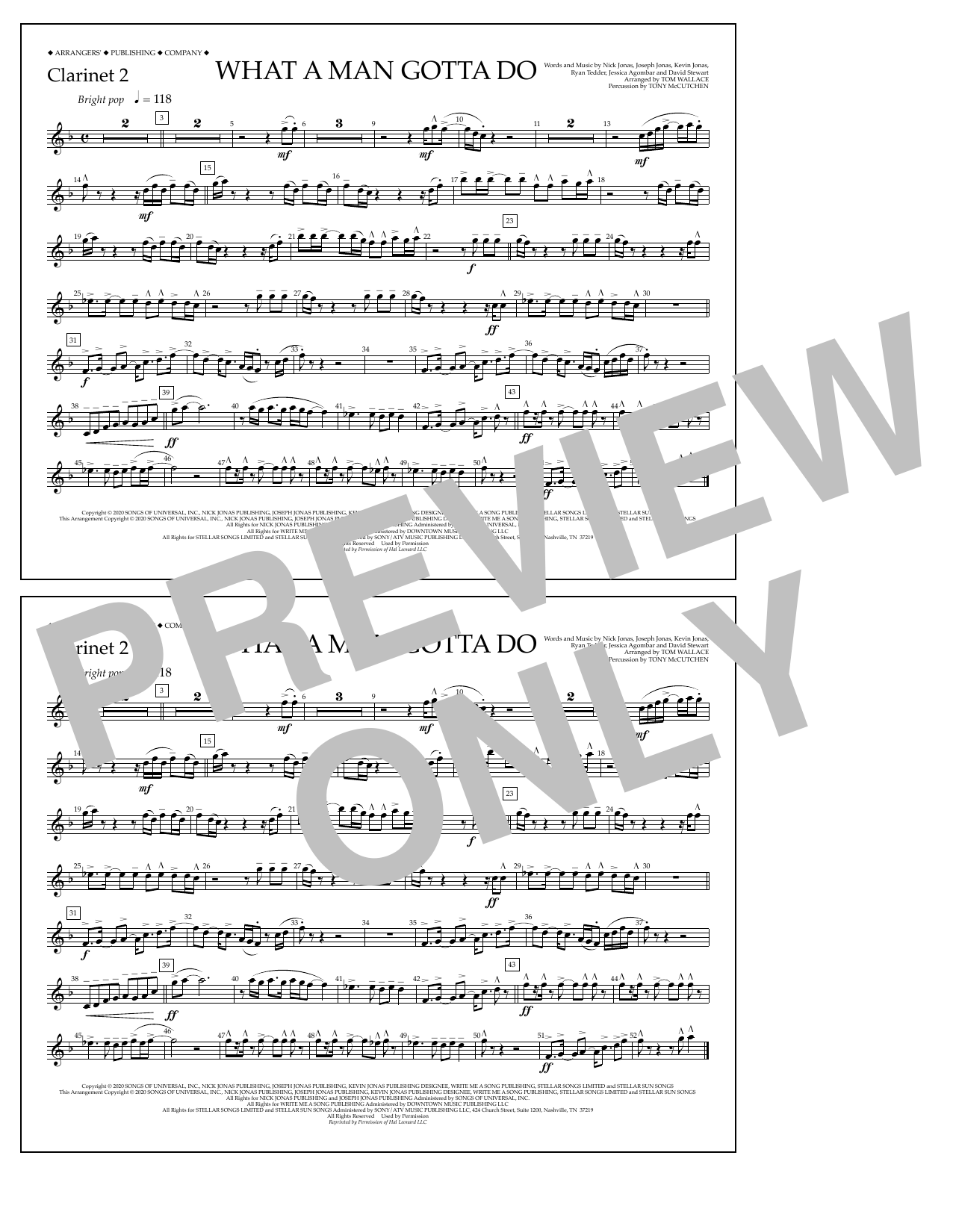 Download Jonas Brothers What a Man Gotta Do (arr. Tom Wallace) - Clarinet 2 Sheet Music and learn how to play Marching Band PDF digital score in minutes