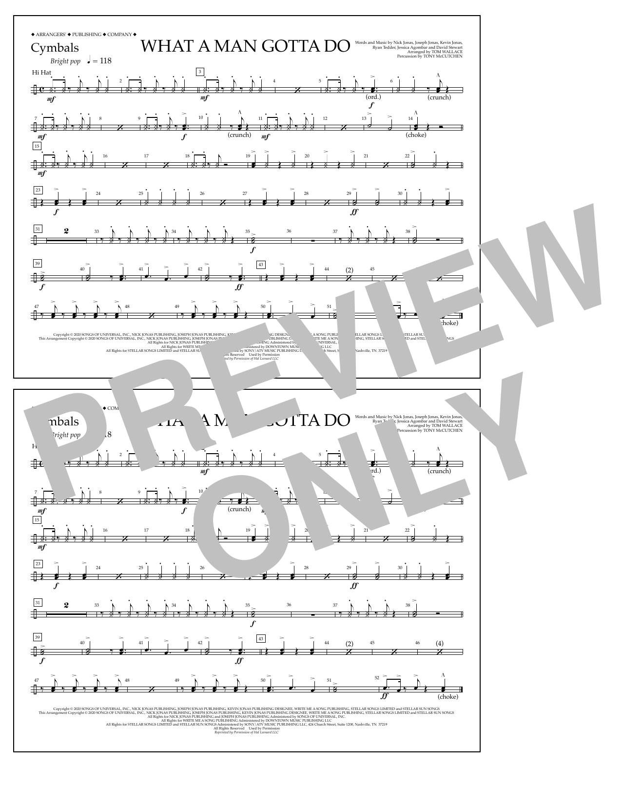 Download Jonas Brothers What a Man Gotta Do (arr. Tom Wallace) - Cymbals Sheet Music and learn how to play Marching Band PDF digital score in minutes