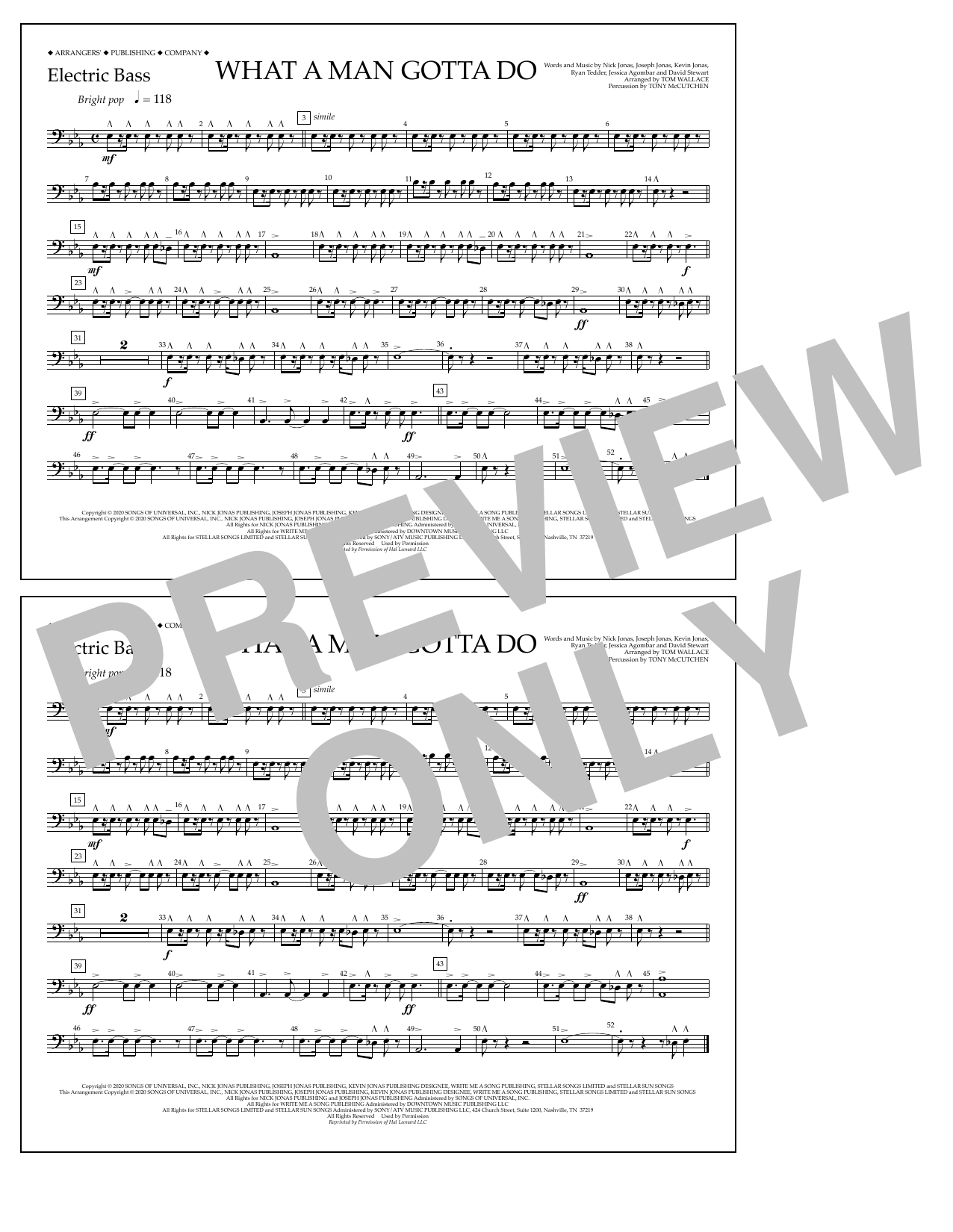 Download Jonas Brothers What a Man Gotta Do (arr. Tom Wallace) - Electric Bass Sheet Music and learn how to play Marching Band PDF digital score in minutes