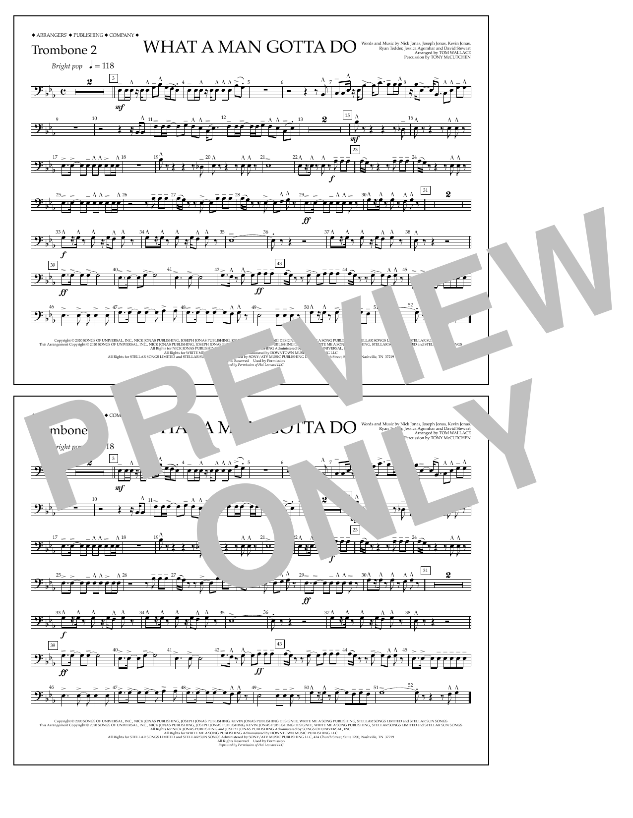 Download Jonas Brothers What a Man Gotta Do (arr. Tom Wallace) - Trombone 2 Sheet Music and learn how to play Marching Band PDF digital score in minutes