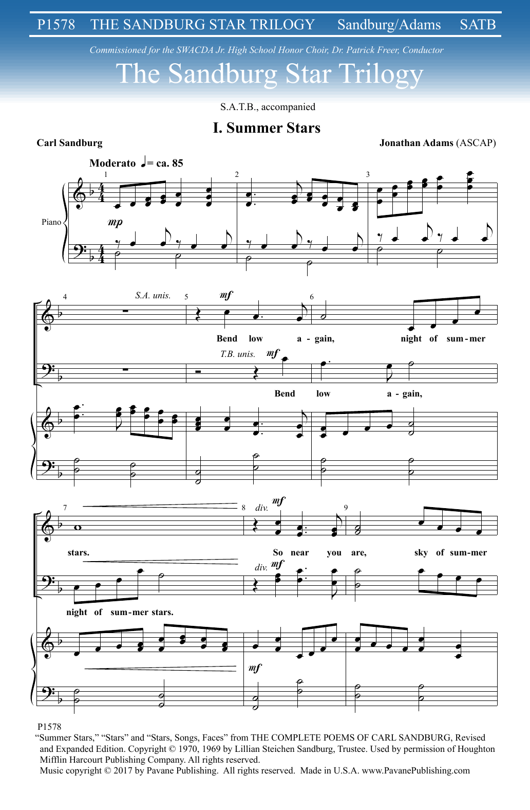 Download Jonathan Adams The Sandburg Star Trilogy Sheet Music and learn how to play SATB Choir PDF digital score in minutes