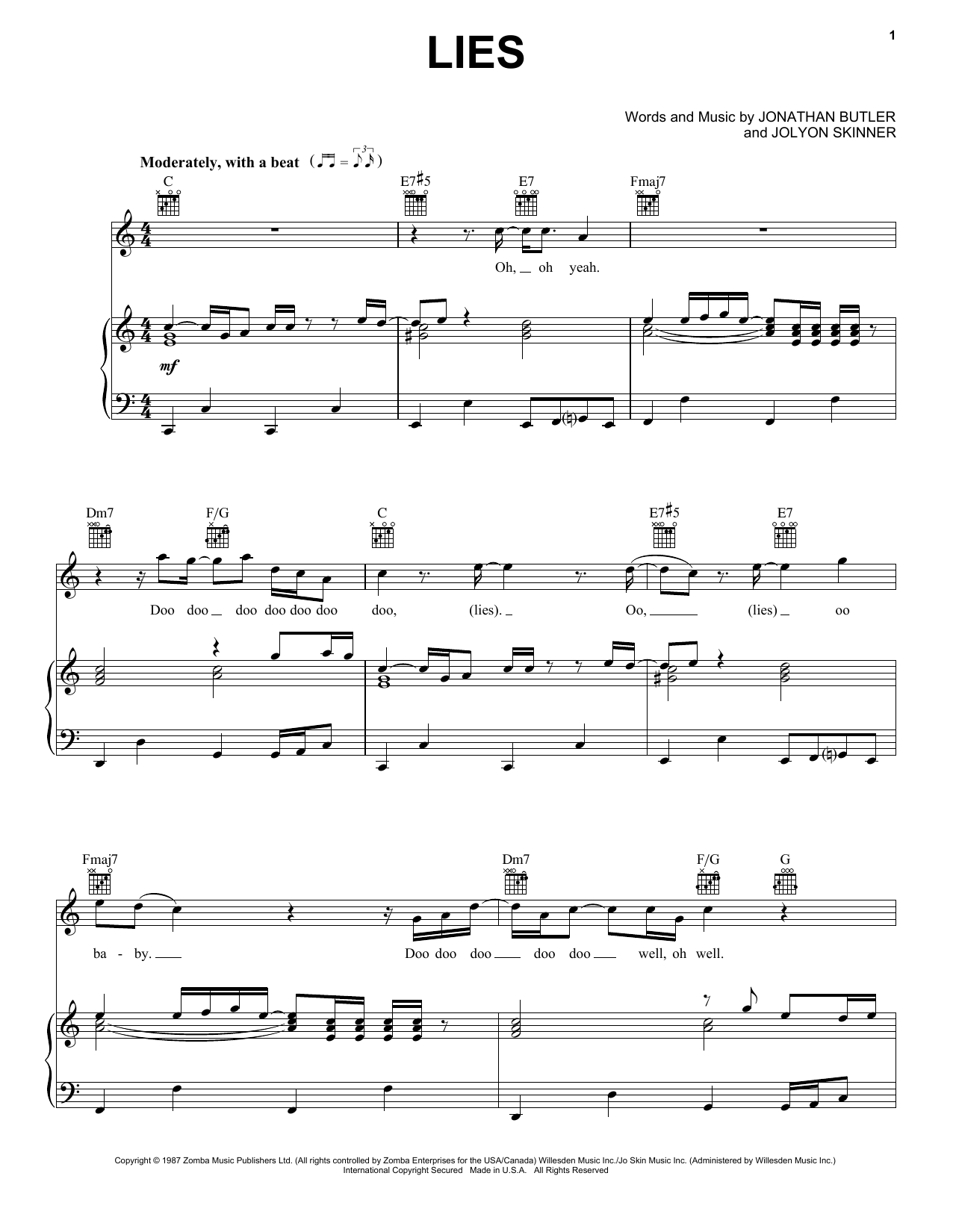 Download Jonathan Butler Lies Sheet Music and learn how to play Piano, Vocal & Guitar Chords (Right-Hand Melody) PDF digital score in minutes