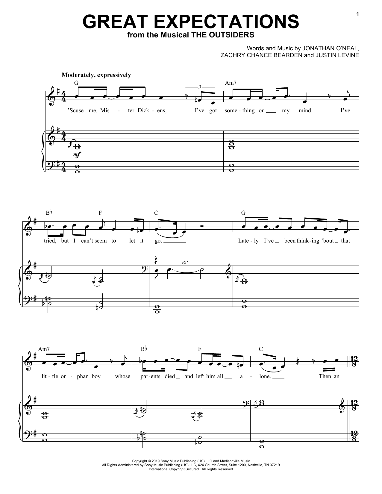 Download Jonathan Clay, Zach Chance & Justin Levine Great Expectations (from The Outsiders) Sheet Music and learn how to play Piano, Vocal & Guitar Chords (Right-Hand Melody) PDF digital score in minutes