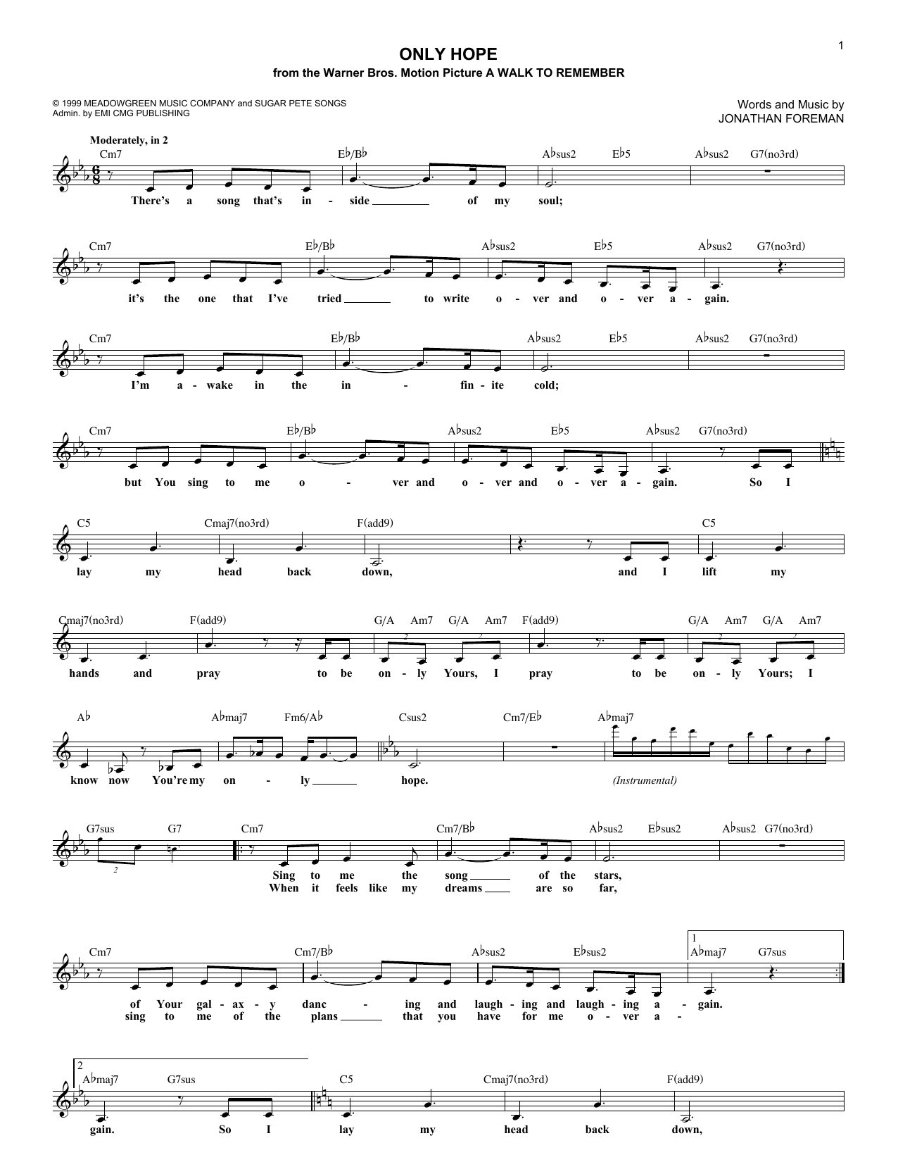 Download Jonathan Foreman Only Hope Sheet Music and learn how to play Melody Line, Lyrics & Chords PDF digital score in minutes