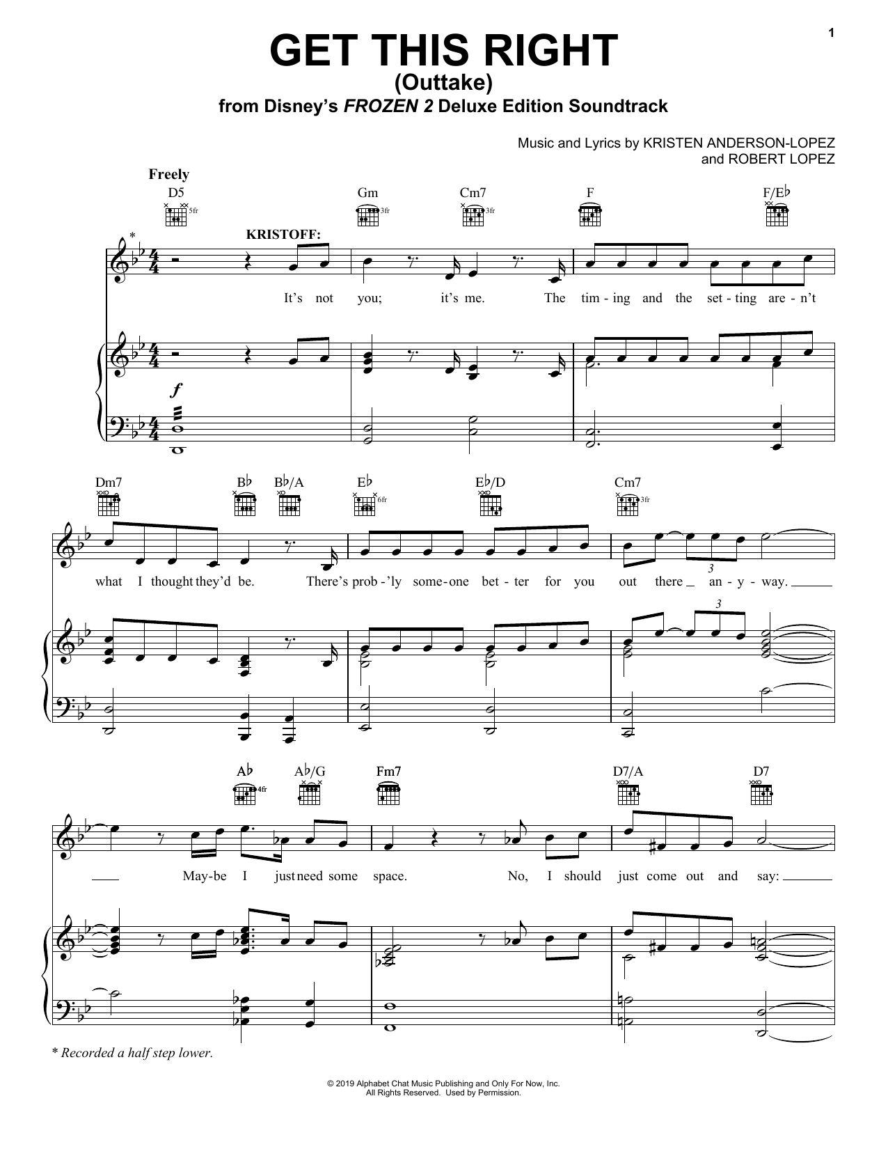 Download Jonathan Groff & Kristen Bell Get This Right - Outtake (from Disney's Frozen 2) Sheet Music and learn how to play Piano, Vocal & Guitar Chords (Right-Hand Melody) PDF digital score in minutes