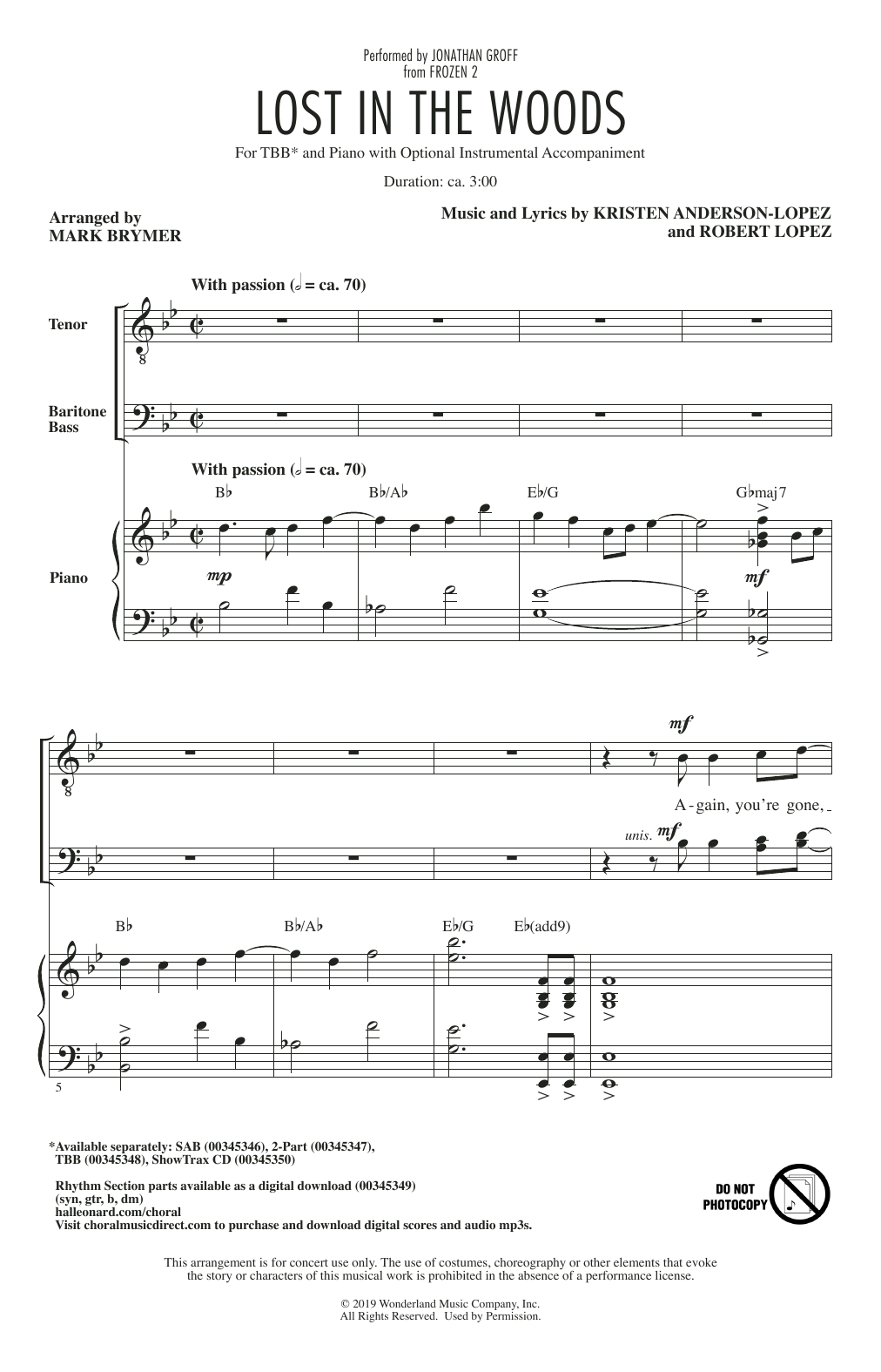 Download Jonathan Groff Lost In The Woods (from Disney's Frozen 2) (arr. Mark Brymer) Sheet Music and learn how to play 2-Part Choir PDF digital score in minutes