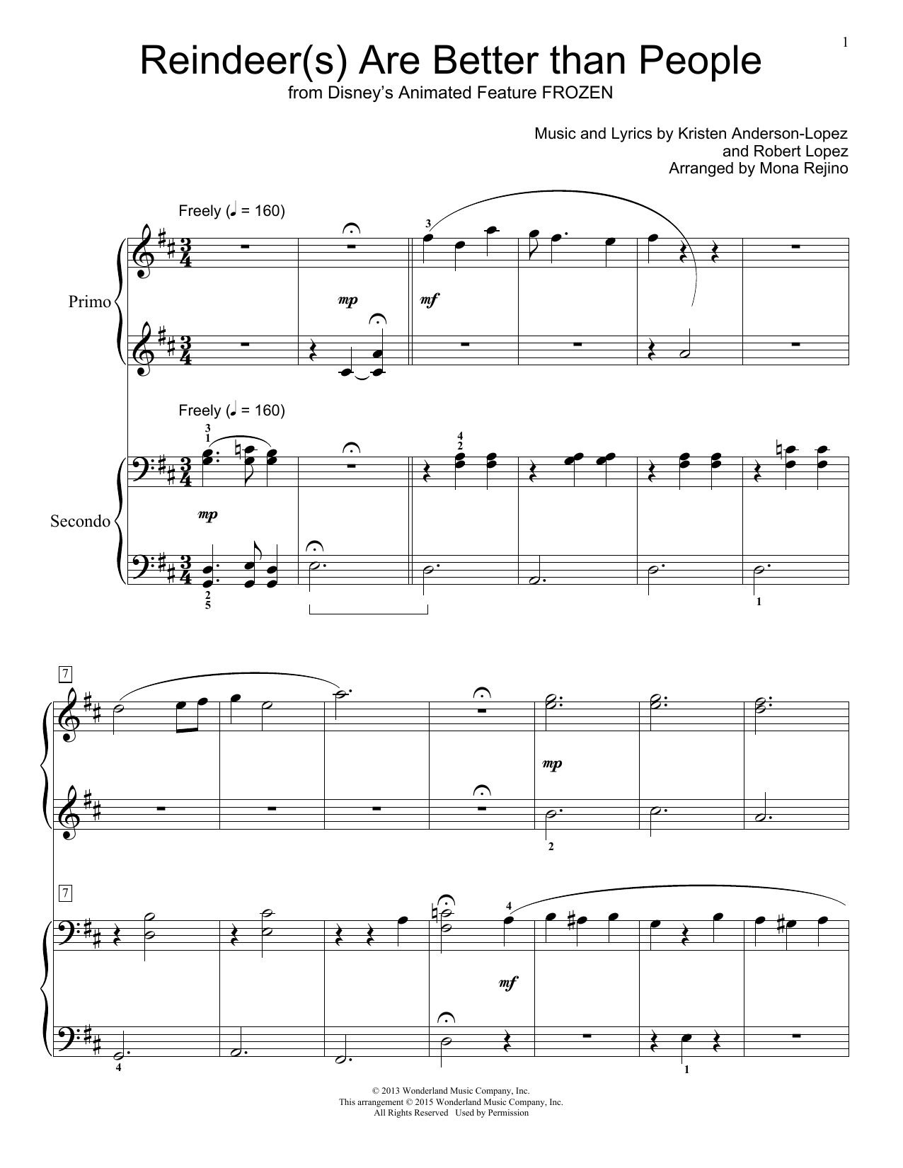 Download Robert Lopez Reindeer(s) Are Better Than People Sheet Music and learn how to play Piano Duet PDF digital score in minutes